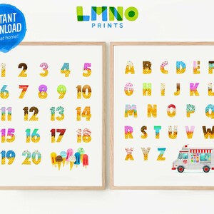 Alfabeto y números de helado Conjunto de 2 arte de acuarela imprimible, decoración de letras ABC para guardería, sala de juegos o dormitorio para niños- DESCARGA INSTANTÁNEA