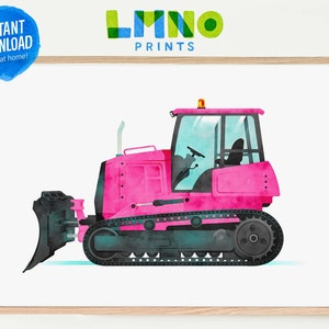 Pink Bulldozer Printable Watercolor Art, Construction Vehicle Decor for Boys Nursery, Playroom, or Bedroom- INSTANT DOWNLOAD