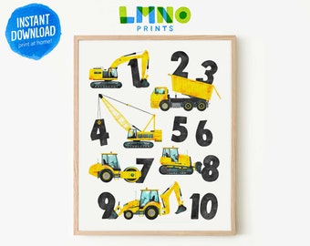 Construction Vehicle Numbers Printable Watercolor Art, Black and Yellow, Truck and Digger 123 Decor for Boys Playroom - INSTANT DOWNLOAD