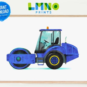 Dark Blue Road Roller Printable Watercolor Wall Art, Construction Vehicle Decor for Boys Nursery, Playroom, or Bedroom- INSTANT DOWNLOAD