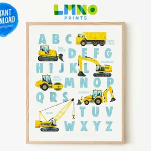 Construction Vehicle Alphabet Printable Watercolor Art, Truck and Digger ABC Decor for Boys Nursery, Playroom, or Bedroom- INSTANT DOWNLOAD