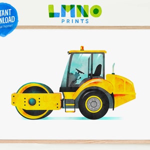 Yellow Road Roller Printable Watercolor Wall Art, Construction Vehicle Decor for Boys Nursery, Playroom, or Bedroom- INSTANT DOWNLOAD