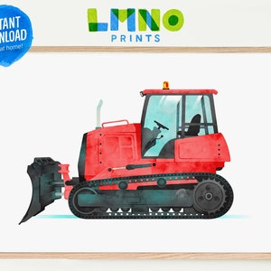 Red Bulldozer Printable Watercolor Art, Construction Vehicle Decor for Boys Nursery, Playroom, or Bedroom- INSTANT DOWNLOAD