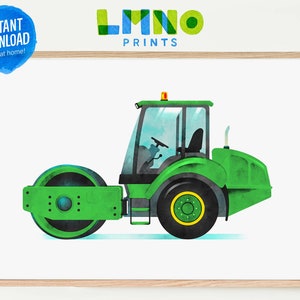 Dark Green Road Roller Printable Watercolor Wall Art, Construction Vehicle Decor for Boys Nursery, Playroom, or Bedroom- INSTANT DOWNLOAD