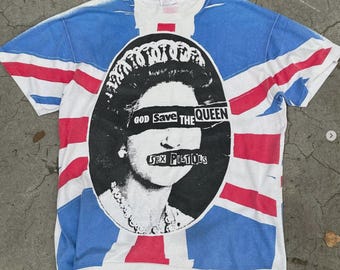 Camiseta vintage dos anos 90 do Sex Pistols, "God Save the Queen", tamanho XL, da turnê da banda punk.