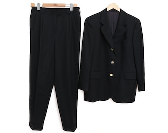 Terno Burberry Vintage dos anos 70 100% lã preto sob medida - tamanho feminino XL