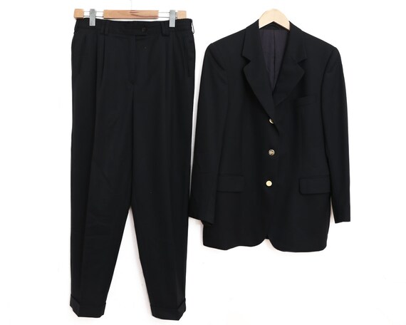 Vintage 70s Burberrys 100% Wool Black Tailored Suit - women's size XL