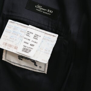 May include: A close-up shot of the inside of a black suit jacket. A label reads "Super 100 Finest Quality." Several tags are visible, with text including "GR&Ouml;SSE 42D" and "MADE IN GERMANY." The jacket's interior is a dark, smooth fabric.