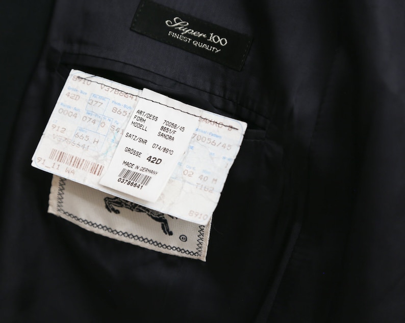 May include: A close-up shot of the inside of a black suit jacket. A label reads "Super 100 Finest Quality." Several tags are visible, with text including "GR&Ouml;SSE 42D" and "MADE IN GERMANY." The jacket's interior is a dark, smooth fabric.