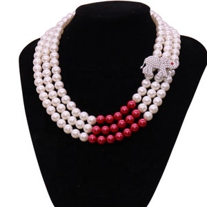 Delta Sigma Theta Sorority, Inc. red and white three layers elephant pearl necklace - with pearl elephant