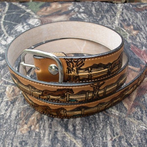 Handmade Horse & Mountians Leather belt veg Taned cowhide 9/10oz cut to fit Made in USA