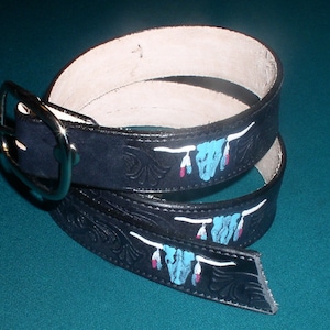 Handmade hand painted leather Longhorn Belt Veg tanned cowhide cut to fit Made in USA. (For custom colors please message me)