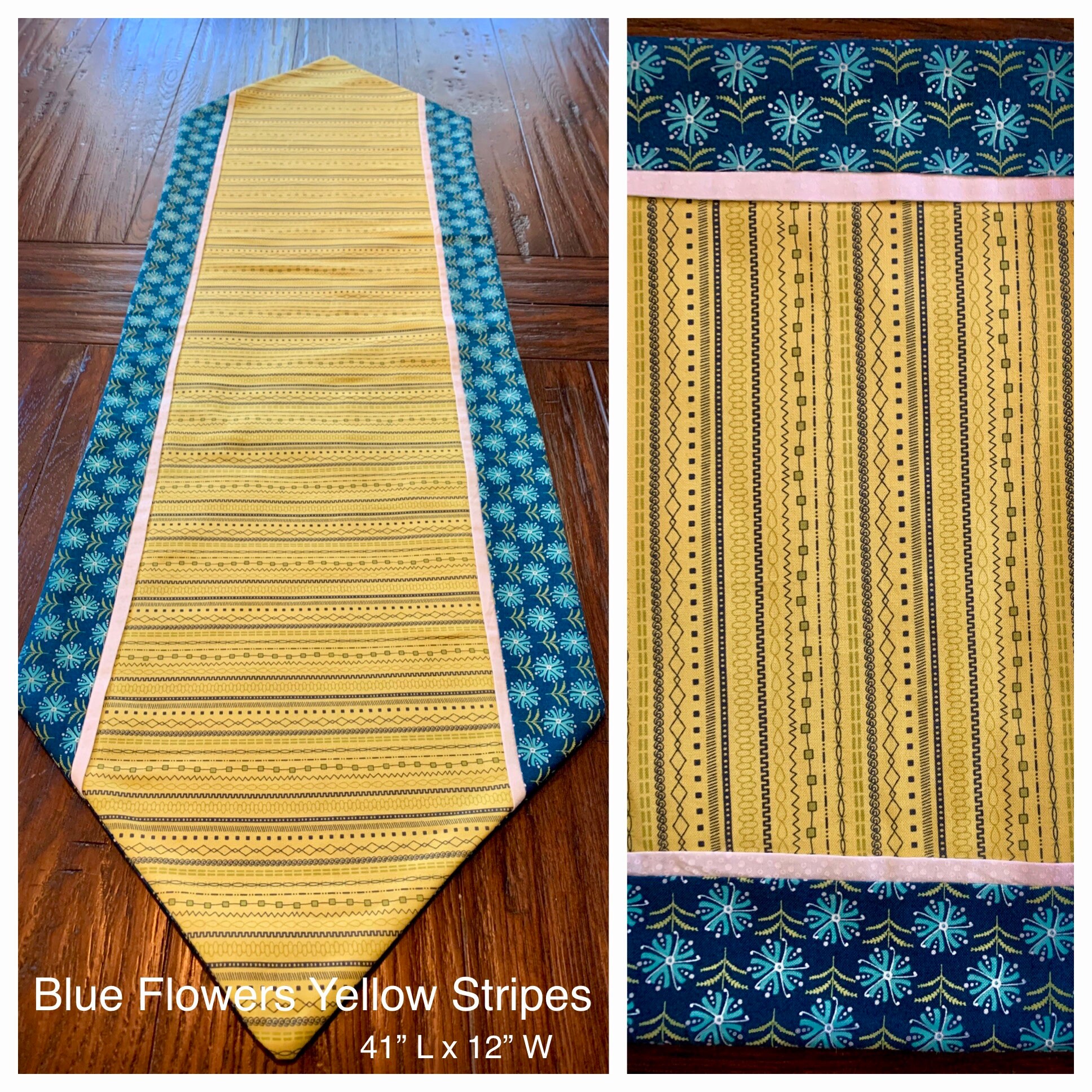 Batik Table Runner Blue Flowers Yellow Stripes Etsy