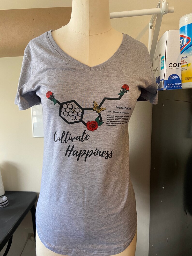 Cultivate Happiness Serotonin Molecule+Science T-Shirt+Inspirational Teacher Gift+Science Gift Fade Resistant+High Quality Hand Made in USA