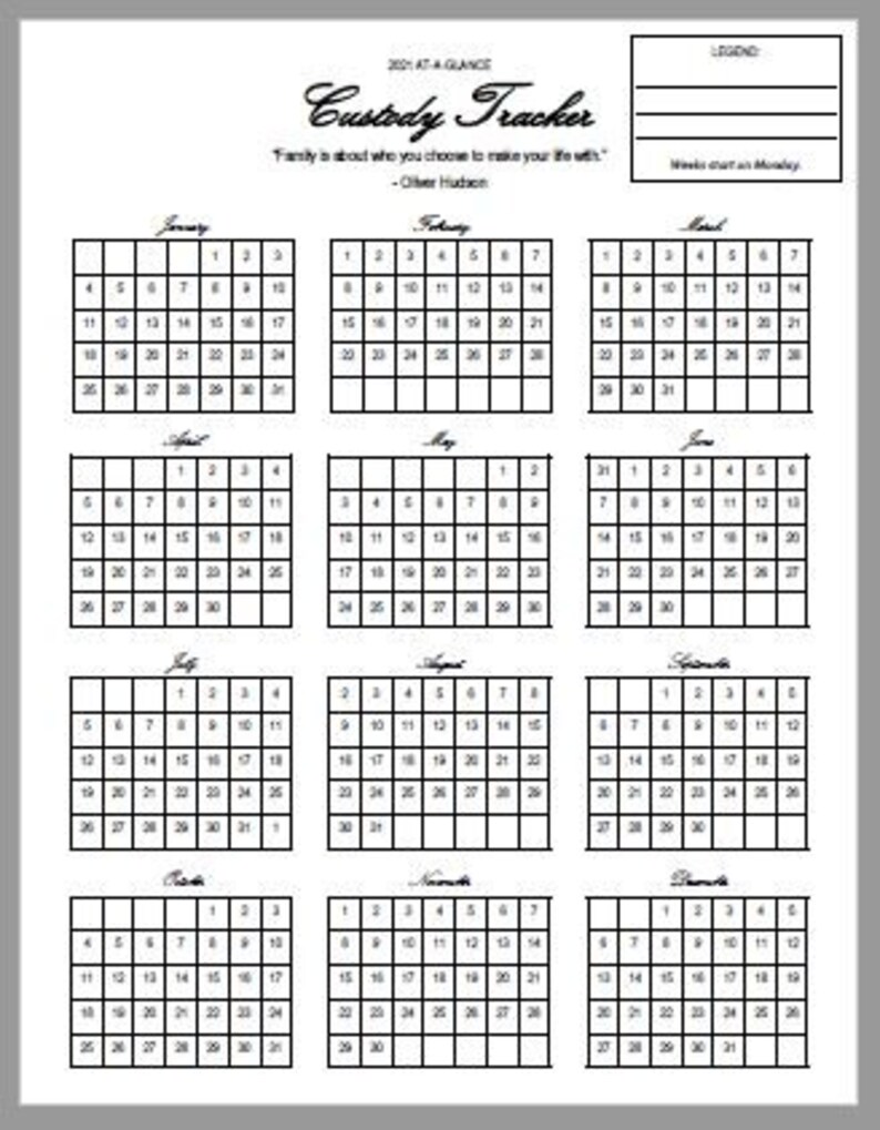 2021 Custody Planner - At-a-glance Calendar for Custody Schedules With ...