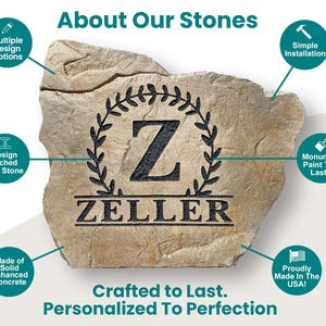 May include: A personalized stone with the letter Z and the name "ZELLER" etched into it. The stone is surrounded by a wreath of leaves and is made of solid enhanced concrete. The stone is crafted to last and is proudly made in the USA.