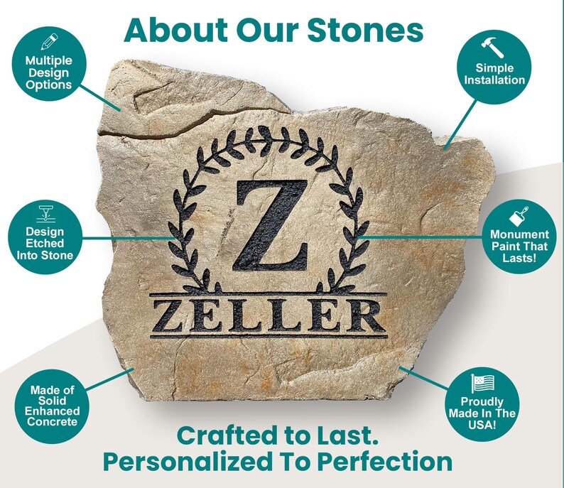 May include: A personalized stone with the letter Z and the name "ZELLER" etched into it. The stone is surrounded by a wreath of leaves and is made of solid enhanced concrete. The stone is crafted to last and is proudly made in the USA.
