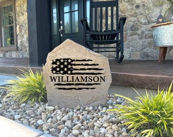 Flag Name Rock - Engraved Stone - Custom Personalized Sign - Garden Stone - House Entry - American Flag - Yard Decor - Family