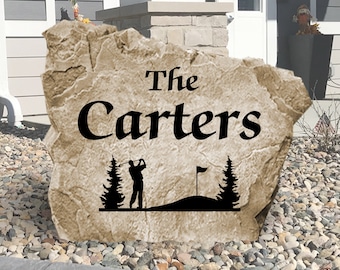 Golf Scene Name Sign - Engraved Rock - Personalized - Garden Stone - Home - House Entry - Yard Decor - Family Sign