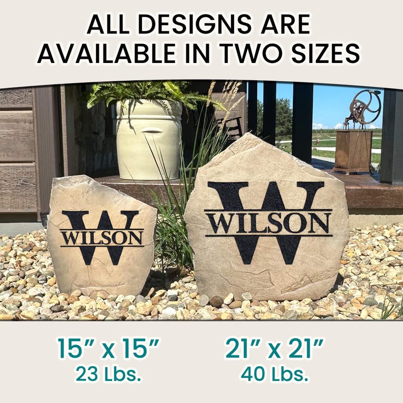 May include: Two decorative stone garden stepping stones with the letter "W" and the name "WILSON" in black lettering. The smaller stone is 15 inches by 15 inches and weighs 23 pounds. The larger stone is 21 inches by 21 inches and weighs 40 pounds.