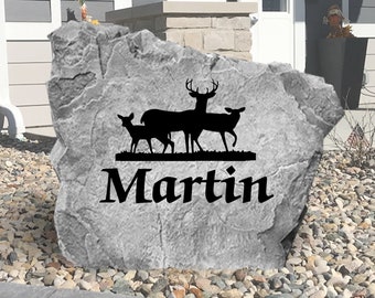 Deer Scene Family Name Sign - Engraved Rock - Personalized - Garden Stone - House Entry - Yard Decor - Custom Stone - Deer Scene