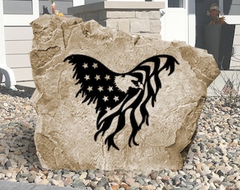 Eagle American Flag Rock -  Landscape Stone - Engraved -Garden Stone - Yard Art - House Entry - Yard Decor - Security Sign