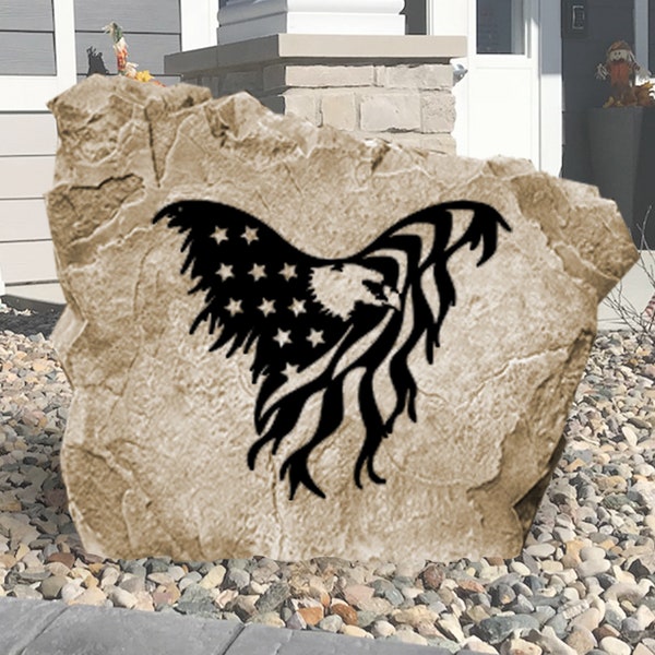 Eagle American Flag Rock -  Landscape Stone - Engraved -Garden Stone - Yard Art - House Entry - Yard Decor - Security Sign