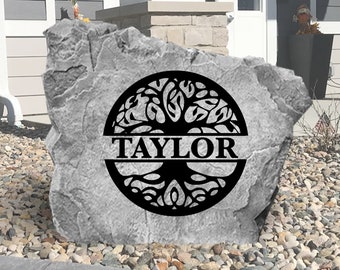 Piedra con nombre y monograma del árbol de la vida - Piedra grabada - Personalizada - Piedra de jardín - Entrada de casa - Boda - Decoración de jardín - Piedra familiar