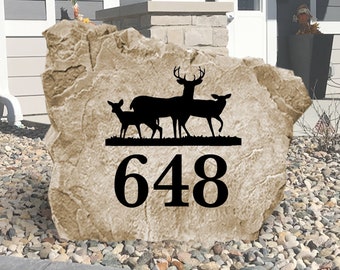 Letrero de dirección con escena de ciervo - Piedra grabada - Personalizado - Piedra de jardín - Entrada de casa - Decoración de jardín - Marcador de dirección