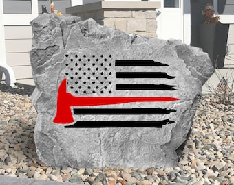 Fireman's Flag Garden Rock -  Landscape Stone - Firefighter Engraved - Garden Stone - House Entry - Yard Decor - Fire Responders