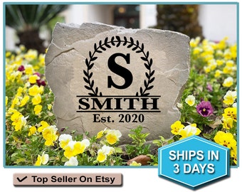 Letrero con nombre de familia - Piedra grabada - Letrero con nombre - Regalo de bodas - Letrero decorativo para el hogar - Letrero para jardín