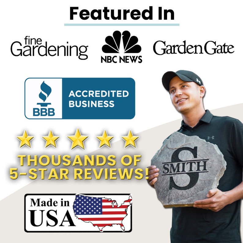May include: A gray stone with the word "SMITH" engraved on it. The stone is being held by a person wearing a black shirt. The image also includes a logo for the Better Business Bureau, a five-star rating, and the text "THOUSANDS OF 5-STAR REVIEWS!"