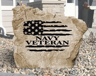 Piedra grabada con la bandera de veteranos de la Marina - Militar - Grabado - Regalo para veteranos - Decoración de jardín - Regalo para soldados - Día de los Veteranos
