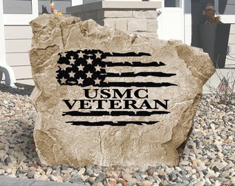 USMC Veteran Flag Engraved Stone - Marine Corps - Military - Engraved - Veteran Gift - Yard Decor - Soldier Gift - Veterans Day