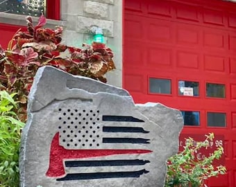 Fireman's Flag Landscape Stone -  Fire Department Flag - Engraved - Fire Fighter Gift - Yard Decor - Fire Responders -