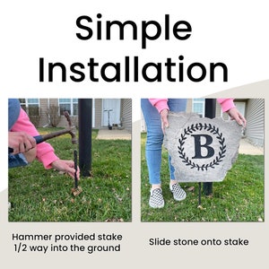 May include: Two images showing how to install a stone garden marker. The first image shows a person hammering a metal stake into the ground. The second image shows a person placing a stone marker with the letter "B" on the stake.