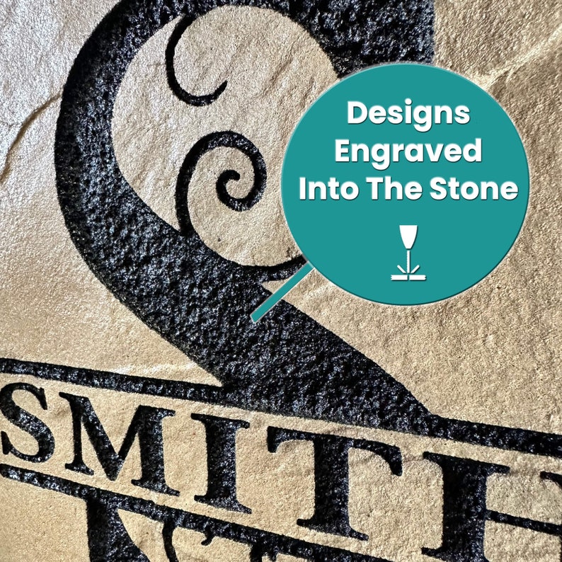 May include: A close-up of a stone house number with the number "2" and the last name "SMITH" engraved into the stone. The text "Designs Engraved Into The Stone" is in a circle with a download icon.