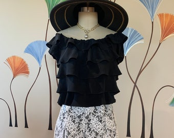 Sz 10-Medium ELLE White Lace Pleated Skirt and Black Ruffled Chiffon Blouse