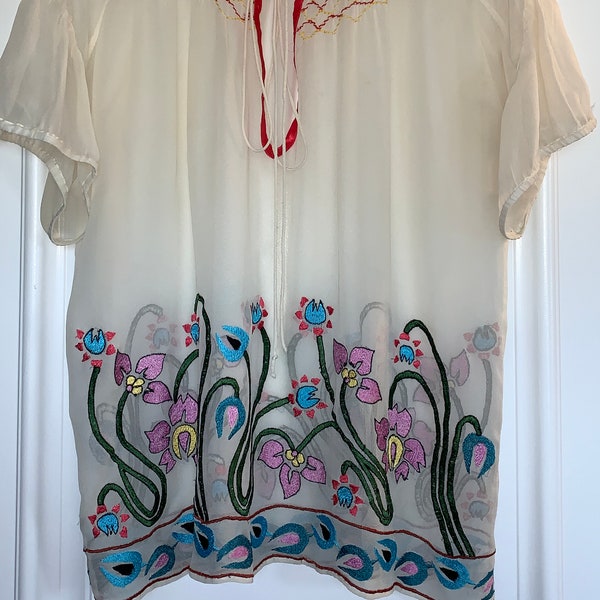 Large Antik Batik Large Boho Chiffon Blouse with Floral Embroidery