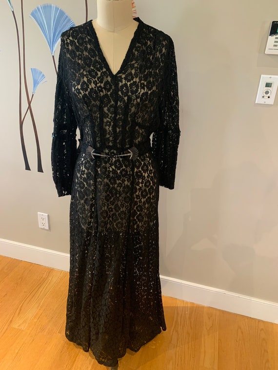 True Vintage 1930's Black Lace Gown with Belt | C… - image 2