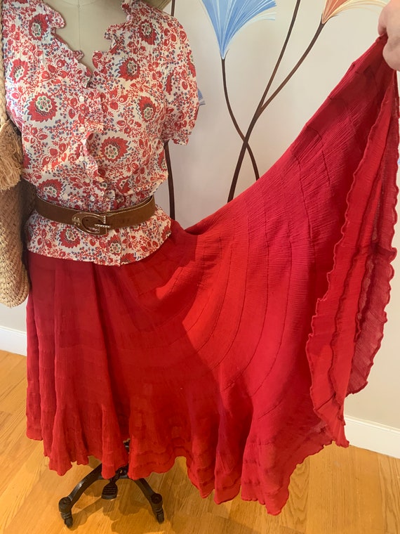 1980s Red India Cotton Gauze Tiered Midi Skirt