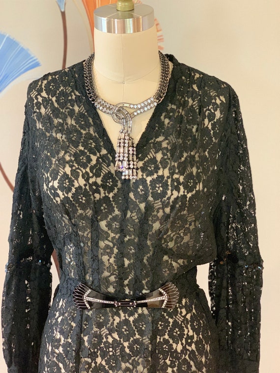 True Vintage 1930's Black Lace Gown with Belt | C… - image 1