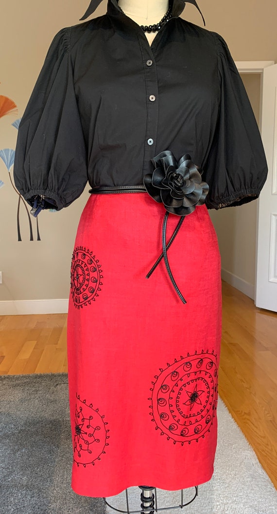 Beaded Linen Red Pencil-Slim Skirt, US Size 10
