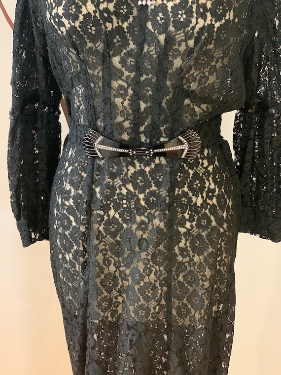 True Vintage 1930's Black Lace Gown with Belt | C… - image 8