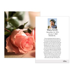 Large Funeral Memorial Prayer Cards 3.25&quot;x5.25&quot; (Rose Flower) LFPC1089EN - Printed, Optional Lamination- Qty- 50