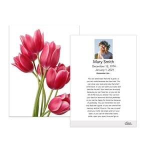 Large Funeral Memorial Prayer Cards 3.25&quot;x5.25&quot; (Pink Tulip Flower) LFPC1090EN - Printed, Optional Lamination- Qty- 50