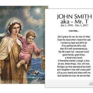 May include: A memorial card featuring a religious image of a woman holding a child, with a poem and the name "John Smith" and dates. The image has a vintage style with soft colors and a serene atmosphere.