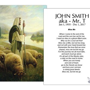 May include: A framed print featuring a pastoral scene with a shepherd and sheep, alongside a memorial card. The card includes the name "John Smith", dates, and a poem titled "Miss Me". The artwork depicts a serene landscape.