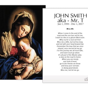 May include: A memorial print featuring a classic painting of Mary and baby Jesus, with a poem and the name John Smith, aka Mr. T, and dates of birth and death. The painting shows Mary in a blue robe holding the baby.