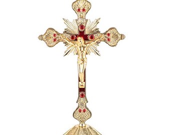 H8.5” Reticulated Base Ornate Standing Cross/Crucifix 20th C Antique Bronze E H8.5” Reticulated Base Ornate Standing Cross/Crucifix 20th C Antique Bronze E